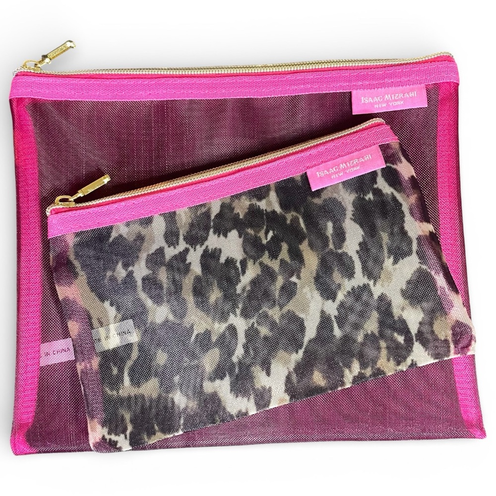 Two Isaac Mizrahi New York Mesh Cosmetic Bags Fuschia Leopard Gold NEW NWOT
